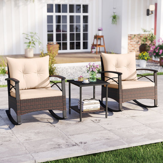 3 Piece Rocking Bistro Set PE Rattan Rocker Chairs with Acacia Wood Top Table