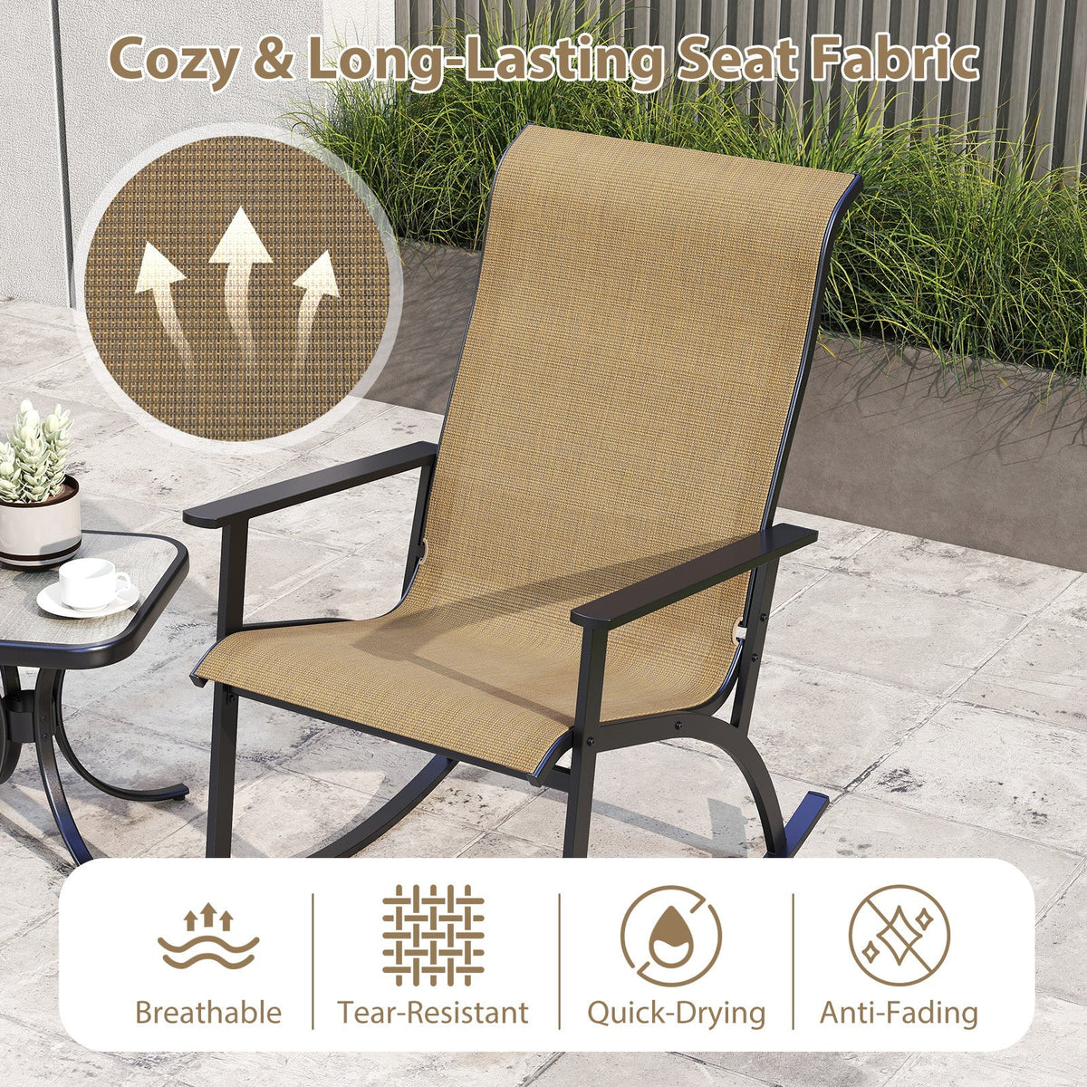 Heavy-Duty Rocking Bistro Chairs and Table Set with High Backrest and Wood-Plastic Tabletop-Brown