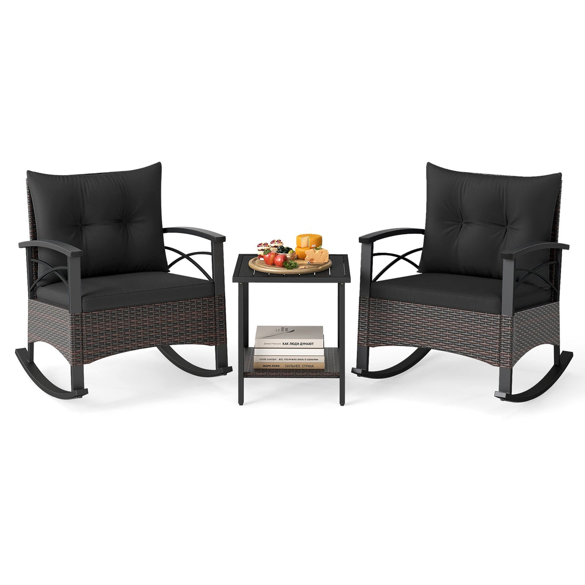 3 Piece Rocking Bistro Set PE Rattan Rocker Chairs with Acacia Wood Top Table