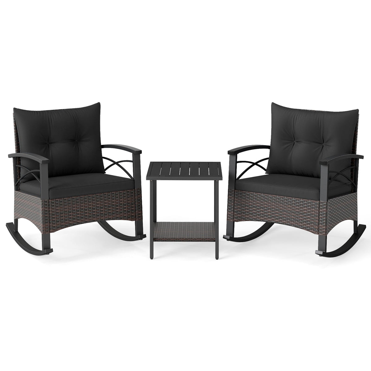 3 Piece Rocking Bistro Set PE Rattan Rocker Chairs with Acacia Wood Top Table