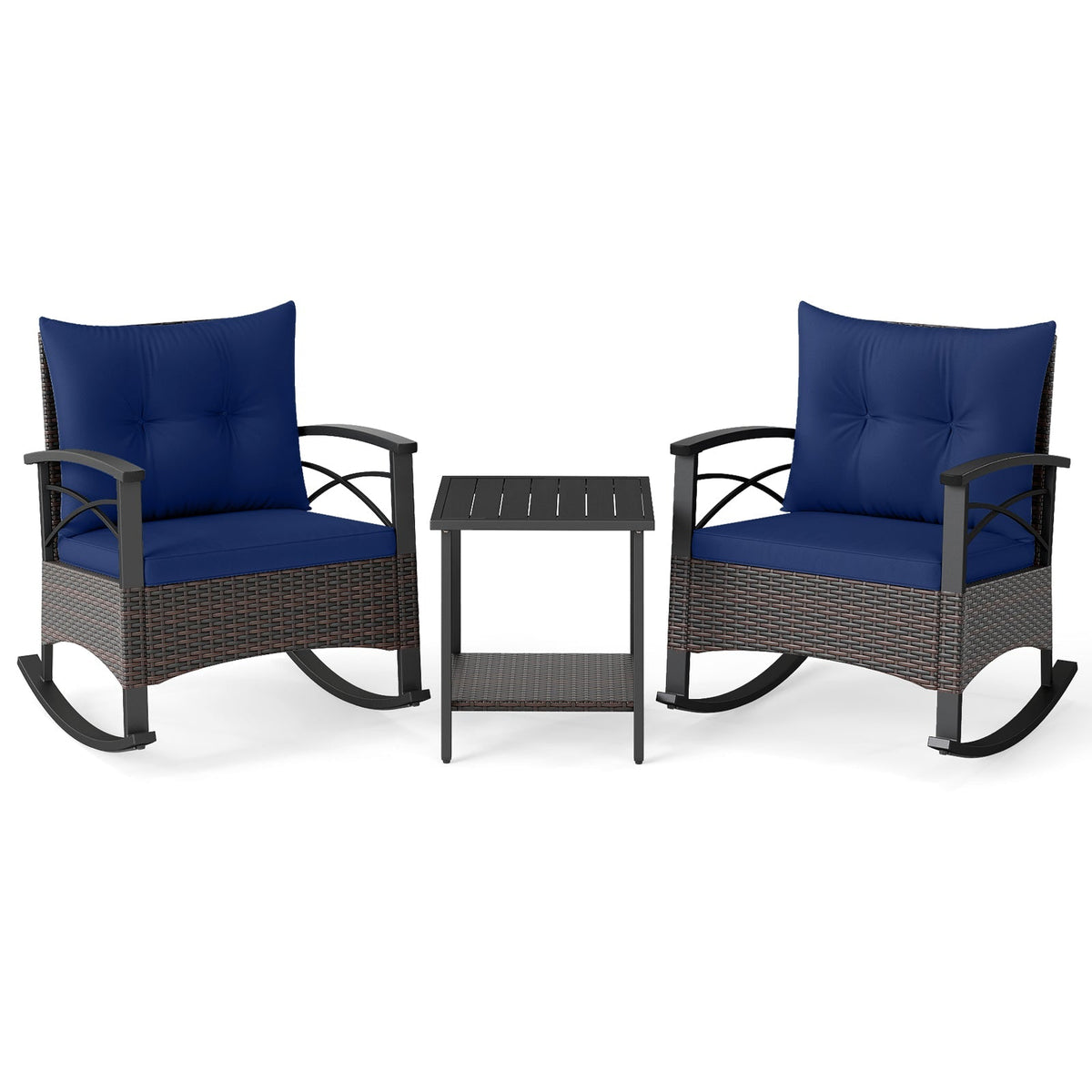 3 Piece Rocking Bistro Set PE Rattan Rocker Chairs with Acacia Wood Top Table