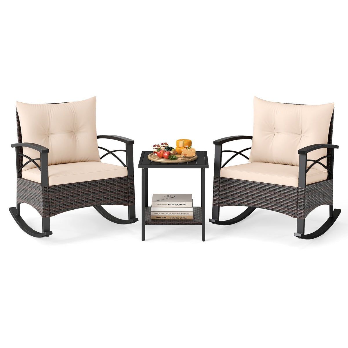3 Piece Rocking Bistro Set PE Rattan Rocker Chairs with Acacia Wood Top Table
