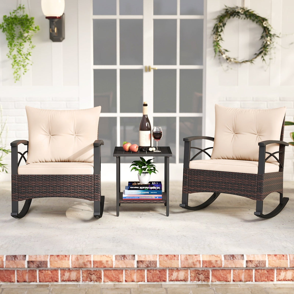 3 Piece Rocking Bistro Set PE Rattan Rocker Chairs with Acacia Wood Top Table