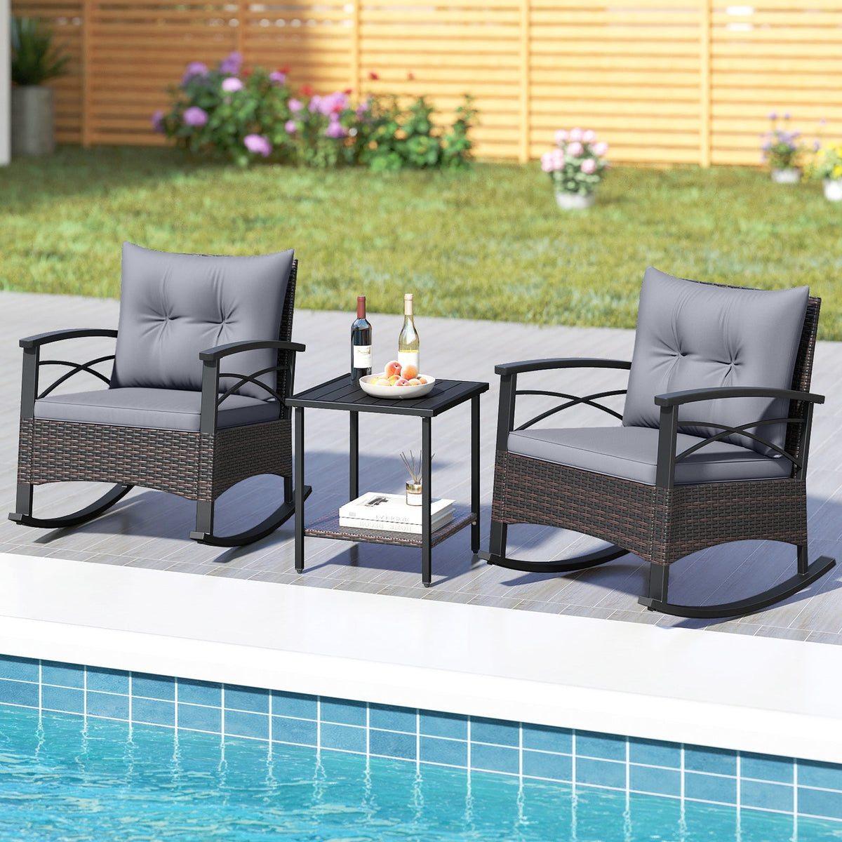 3 Piece Rocking Bistro Set PE Rattan Rocker Chairs with Acacia Wood Top Table