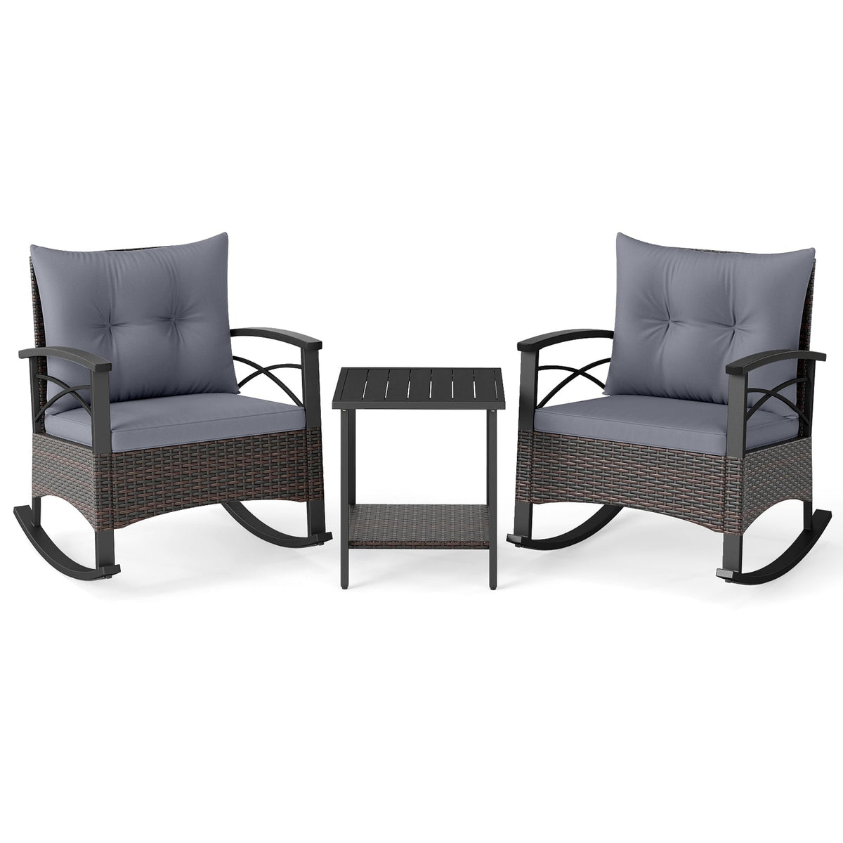 3 Piece Rocking Bistro Set PE Rattan Rocker Chairs with Acacia Wood Top Table