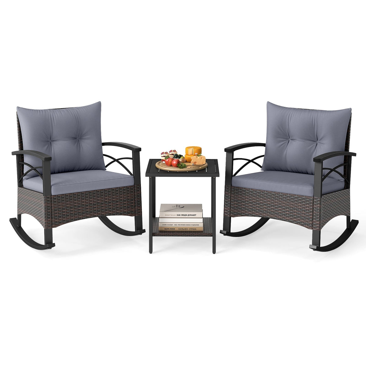 3 Piece Rocking Bistro Set PE Rattan Rocker Chairs with Acacia Wood Top Table
