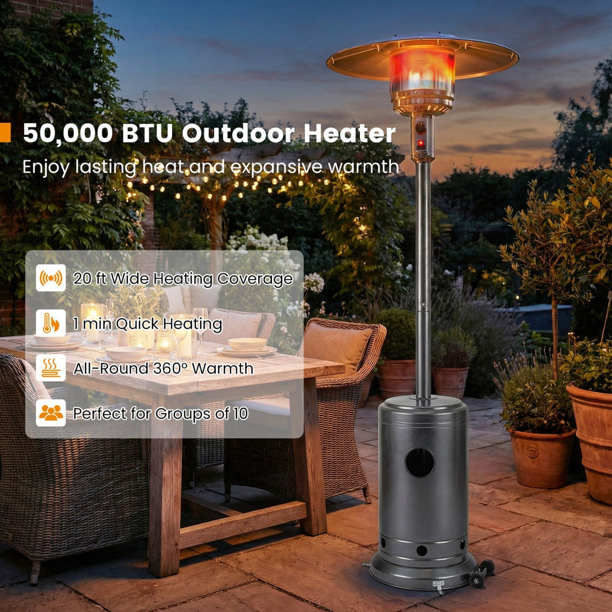 50 000 BTU Patio Propane Gas Heater with Stainless Steel Burner