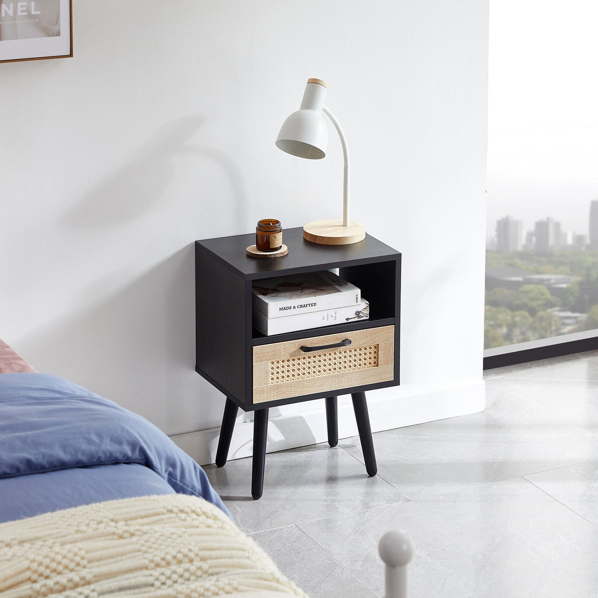 15.75" Rattan End table with drawer and solid wood legs Modern nightstand side table for living room black
