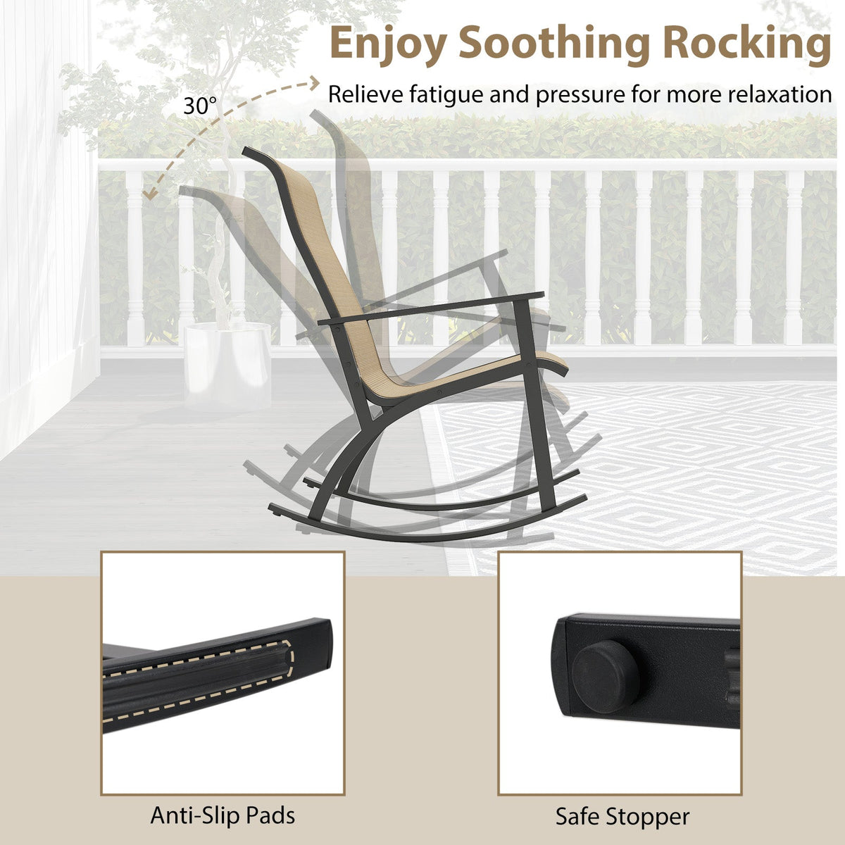 Heavy-Duty Rocking Bistro Chairs and Table Set with High Backrest and Wood-Plastic Tabletop-Brown