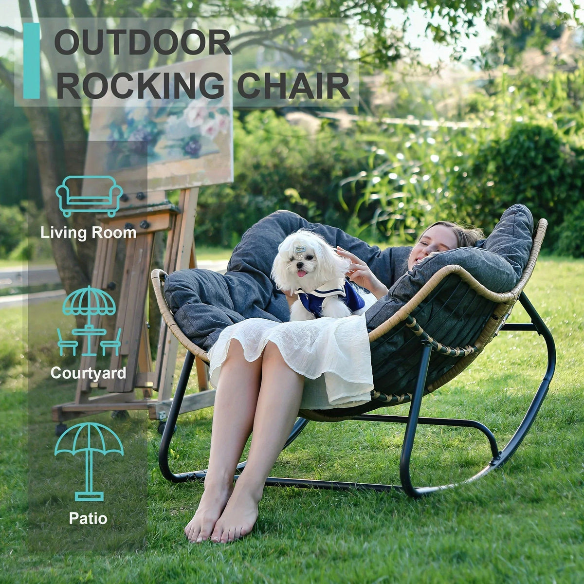 Outdoor Patio Rocking Chair, Royal Papasan Chair, Extra Large Outdoor Lounge Chair with Front Porch Cushion, Suitable for Living Room, Patio, Garden, Courtyard, Outdoor Chair, Patio Furniture, Outdoor Rocking Chair with Big C