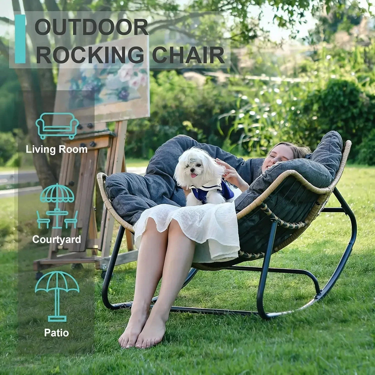 Outdoor Patio Rocking Chair, Royal Papasan Chair, Extra Large Outdoor Lounge Chair with Front Porch Cushion, Suitable for Living Room, Patio, Garden, Courtyard, Outdoor Chair, Patio Furniture, Outdoor Rocking Chair with Big C